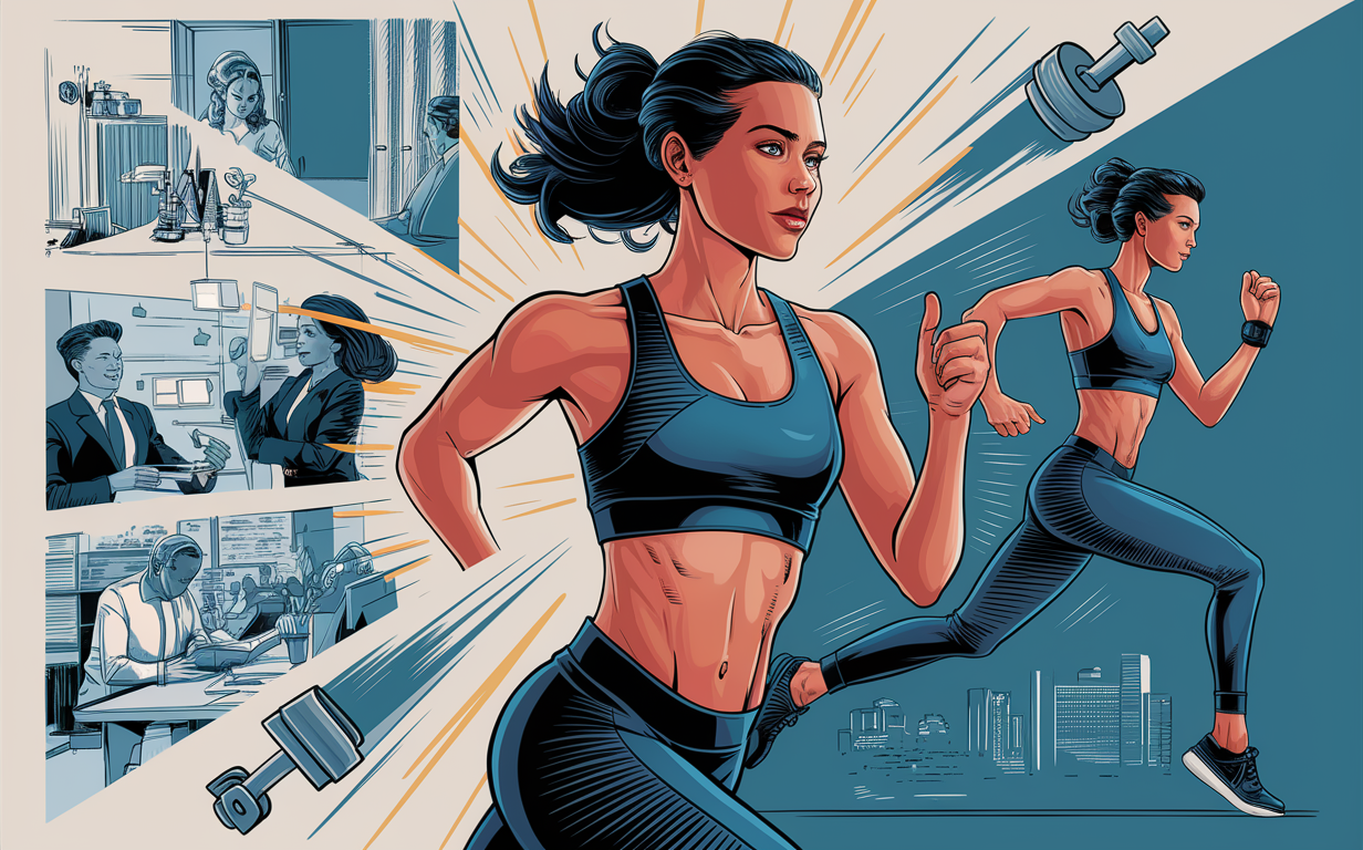 An illustration depicting two athletic women running or jogging in an urban environment, with tall skyscrapers and abstract motion lines in the background, symbolizing an active lifestyle amidst a busy city setting.