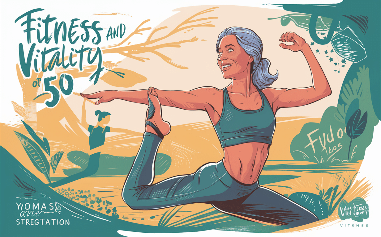 An illustration of a smiling older woman practicing yoga outdoors, stretching her body with strength and vitality, promoting fitness and healthy aging after 50.