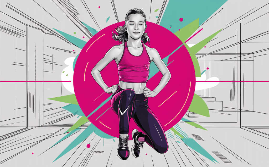 An illustration of a smiling teenage girl in athletic wear, standing confidently with her hands on her hips in a dynamic background with vibrant colors and motion lines, representing an energetic and positive attitude towards fitness.