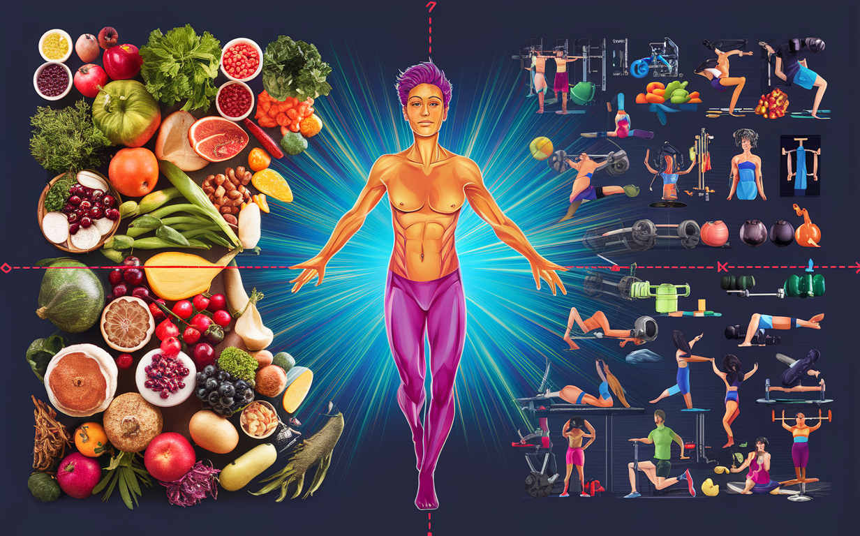 A fit woman using a nutrition and fitness app while weight training in a futuristic gym setting, with holographic displays showcasing healthy meals and exercise routines.
