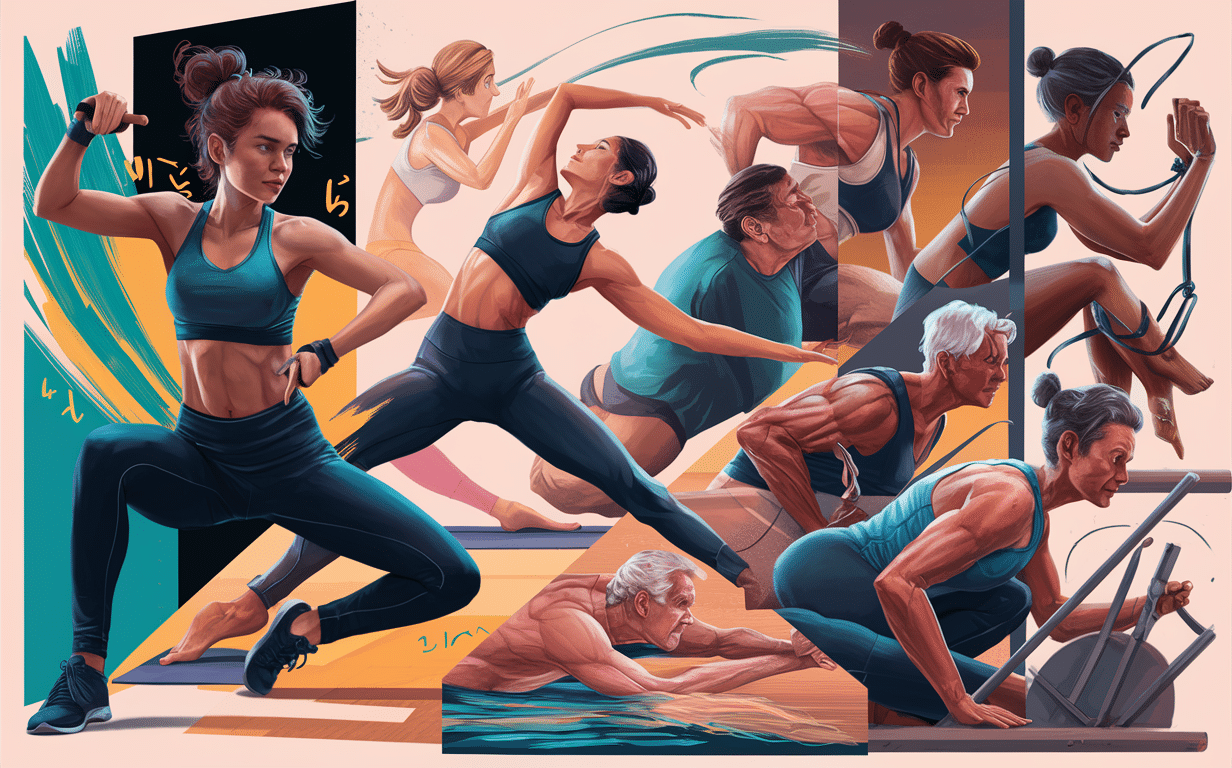 An illustration depicting people of various ages engaged in different fitness activities, from yoga and stretching to weightlifting and cardio exercises, highlighting the importance of tailored fitness programs for every life stage.