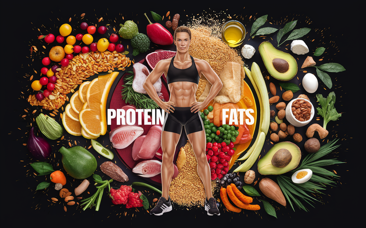 An image showcasing a muscular person surrounded by various foods rich in proteins like meat and nuts, healthy fats like avocados and olive oil, and fresh fruits and vegetables, illustrating the importance of a balanced diet for fitness and nutrition.