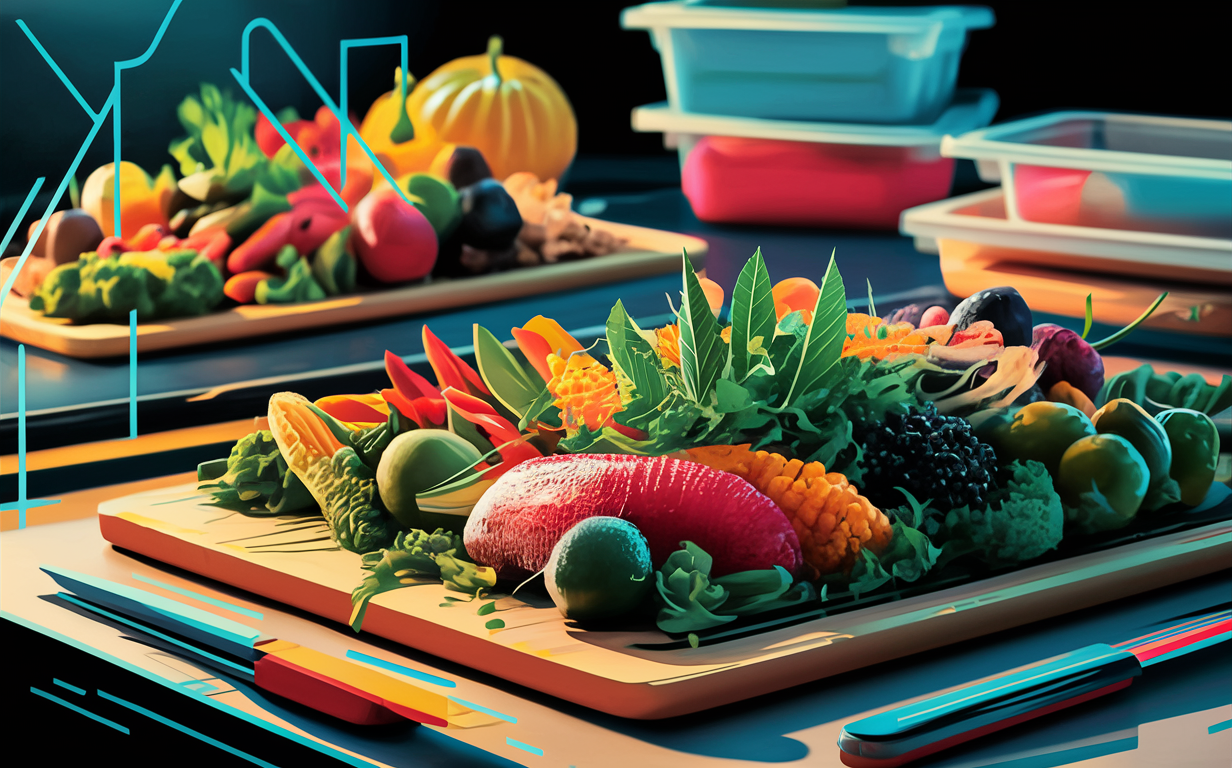 A vibrant arrangement of fresh fruits, vegetables, and books representing meal planning and nutrition education for fitness goals.