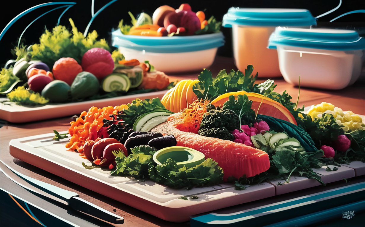 An array of colorful fresh vegetables including carrots, broccoli, radishes, and greens along with plastic meal prep containers filled with more veggies, showcasing healthy meal planning options ideal for fitness goals.