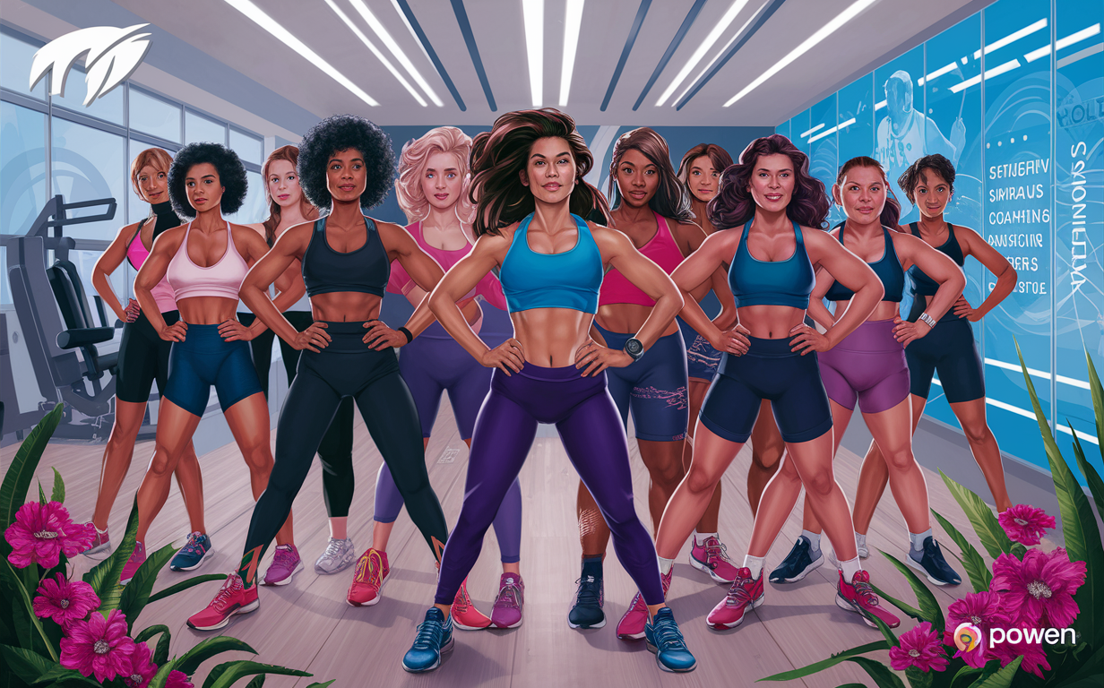 A diverse group of energetic women participating in a fitness class, smiling and exercising together in an upbeat studio setting at M-Power Fitness