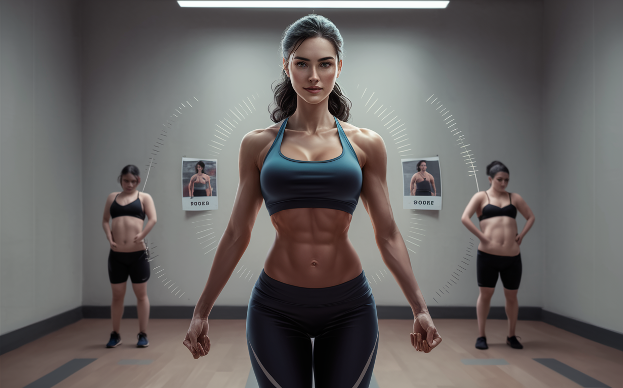 A fit and toned woman with curly hair stands confidently with her hands on her hips, surrounded by dynamic teal and orange swirls representing energy and movement.