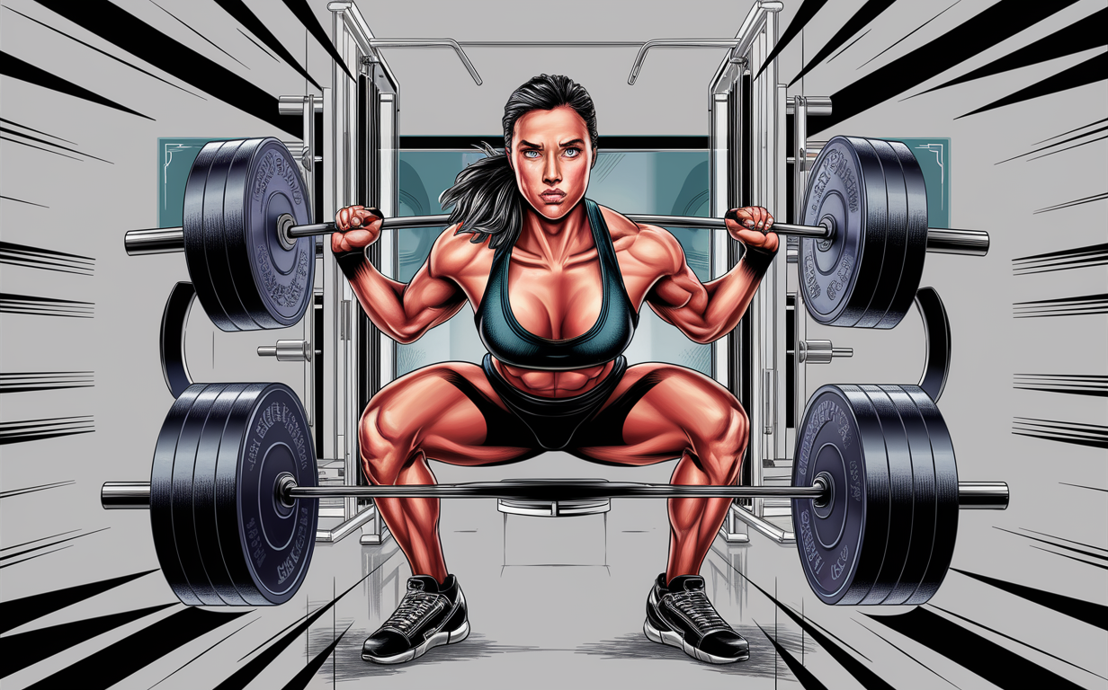 An illustration of a muscular woman performing a barbell squat exercise in a futuristic gym setting, showcasing effective strength training for female athletes.