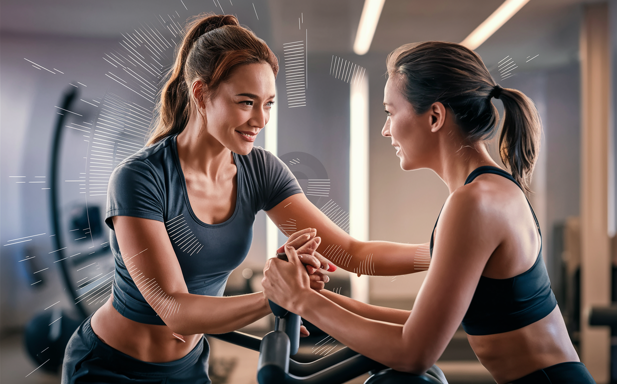 Two fit women in athletic wear, one providing guidance to the other during a workout session