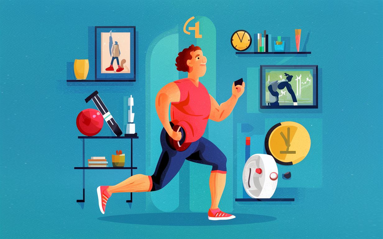 An illustration of a woman doing strength training exercises with dumbbells in a gym setting, surrounded by fitness equipment like medicine balls, ladders with weight racks, and an exercise ball.