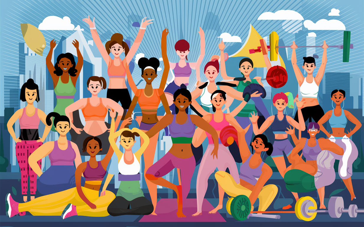 An illustration depicting a diverse group of women of various ages, body types, and ethnicities engaging in fitness activities and celebrating health and wellness together in an urban setting.