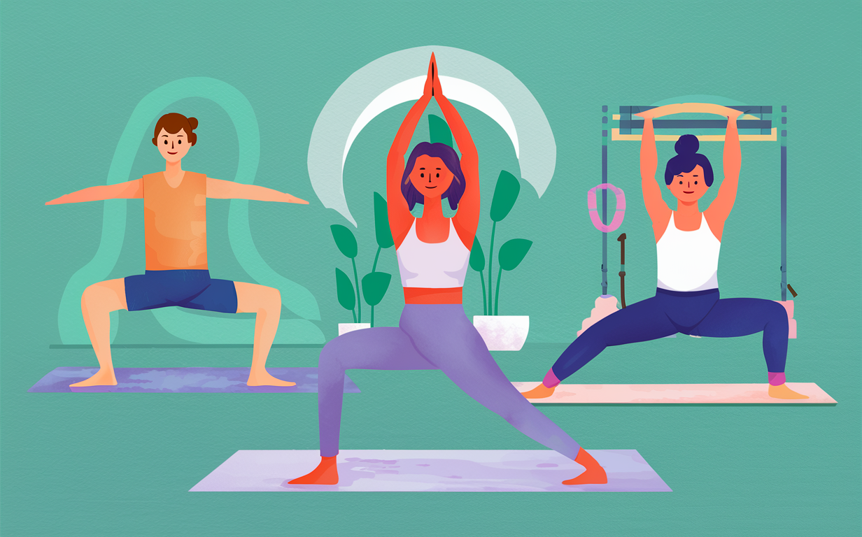 An illustration of a woman doing a yoga pose on a mat surrounded by potted plants in a room with large windows, practicing yoga at home for physical and mental wellness