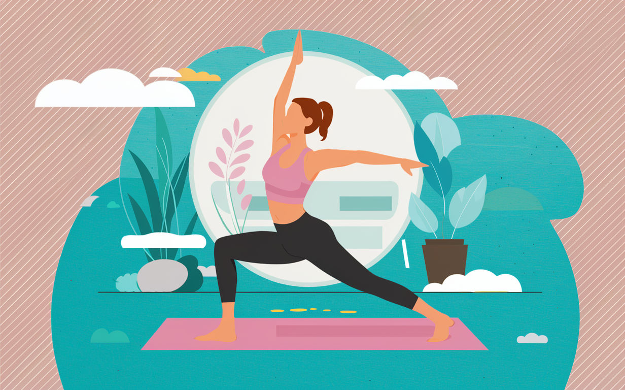 An illustration depicting a group of women of various ages, body types, and ethnicities engaged in yoga poses and fitness exercises in an outdoor natural setting. The women are shown in different yoga asanas and stretching positions, promoting fitness, flexibility, and well-being.