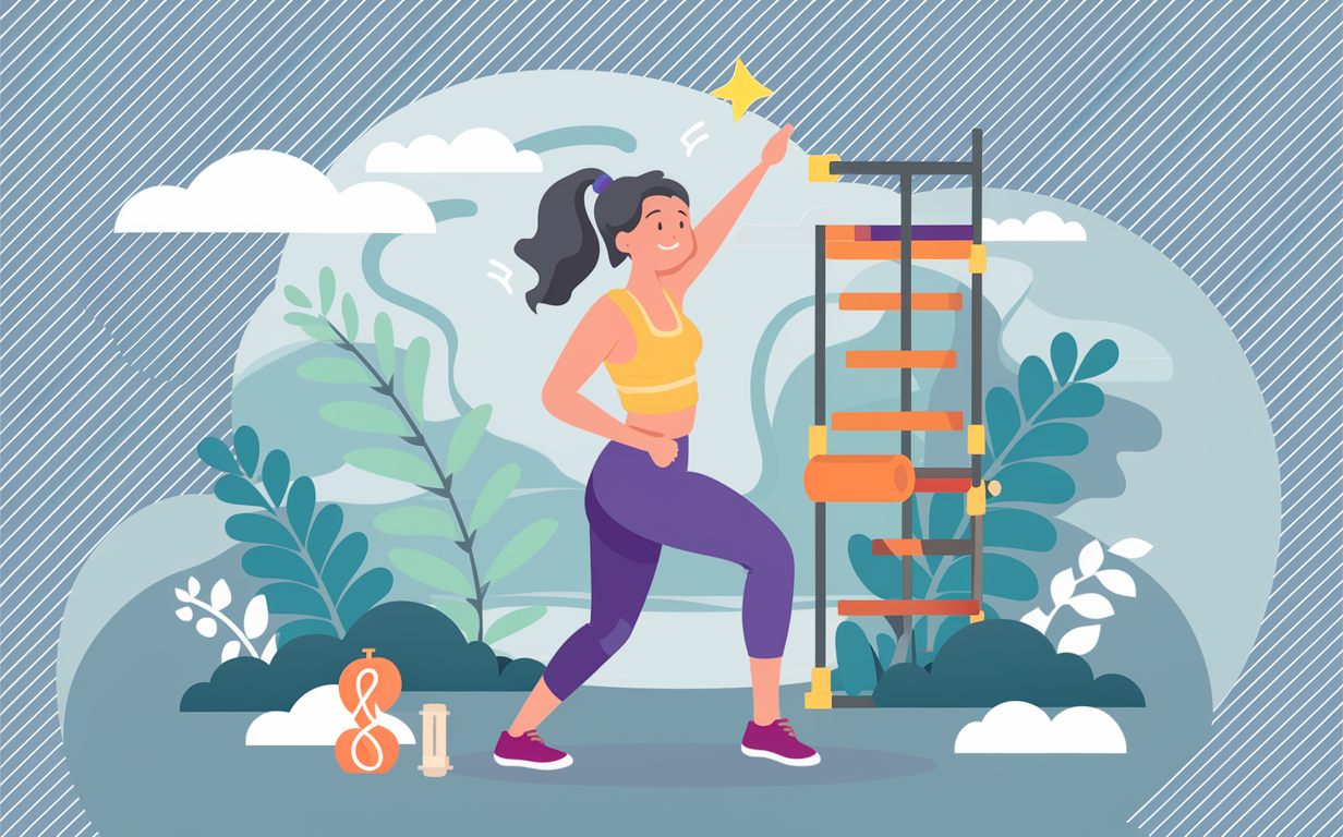 An illustration of a woman sitting in a meditation pose surrounded by a glowing aura, with colorful patterns and clouds in the background, representing the connection between mental health and fitness.