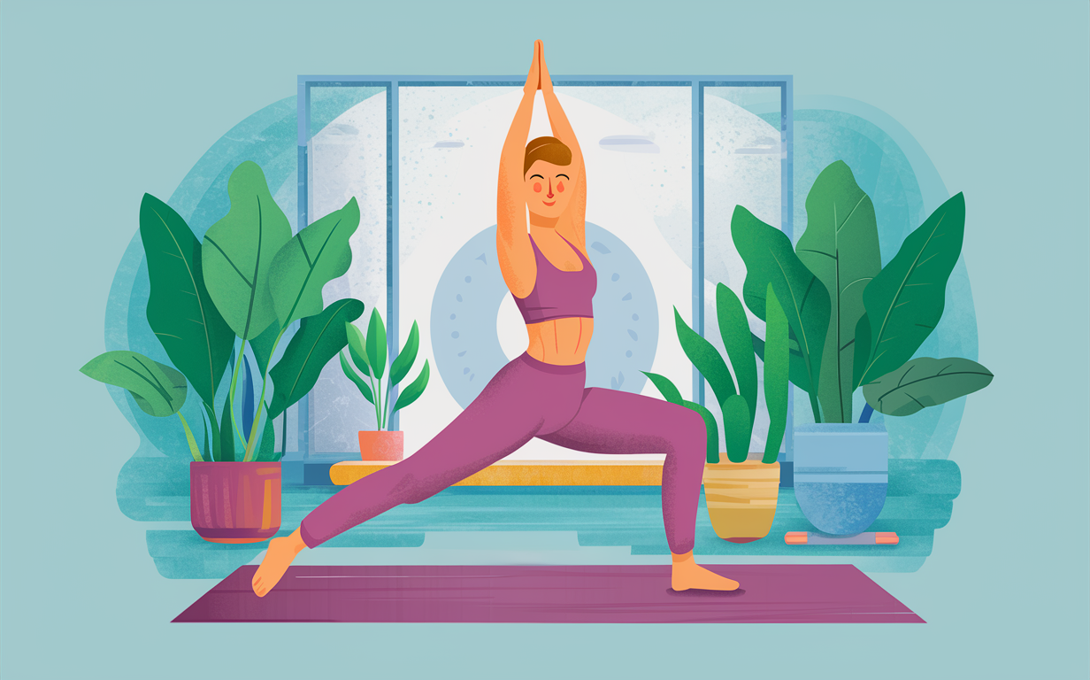An illustration of a woman in purple athletic wear performing a yoga pose on a mat, surrounded by a glowing yellow circle and colorful dots against a blue background, promoting yoga and pilates for women's fitness, flexibility, and well-being.