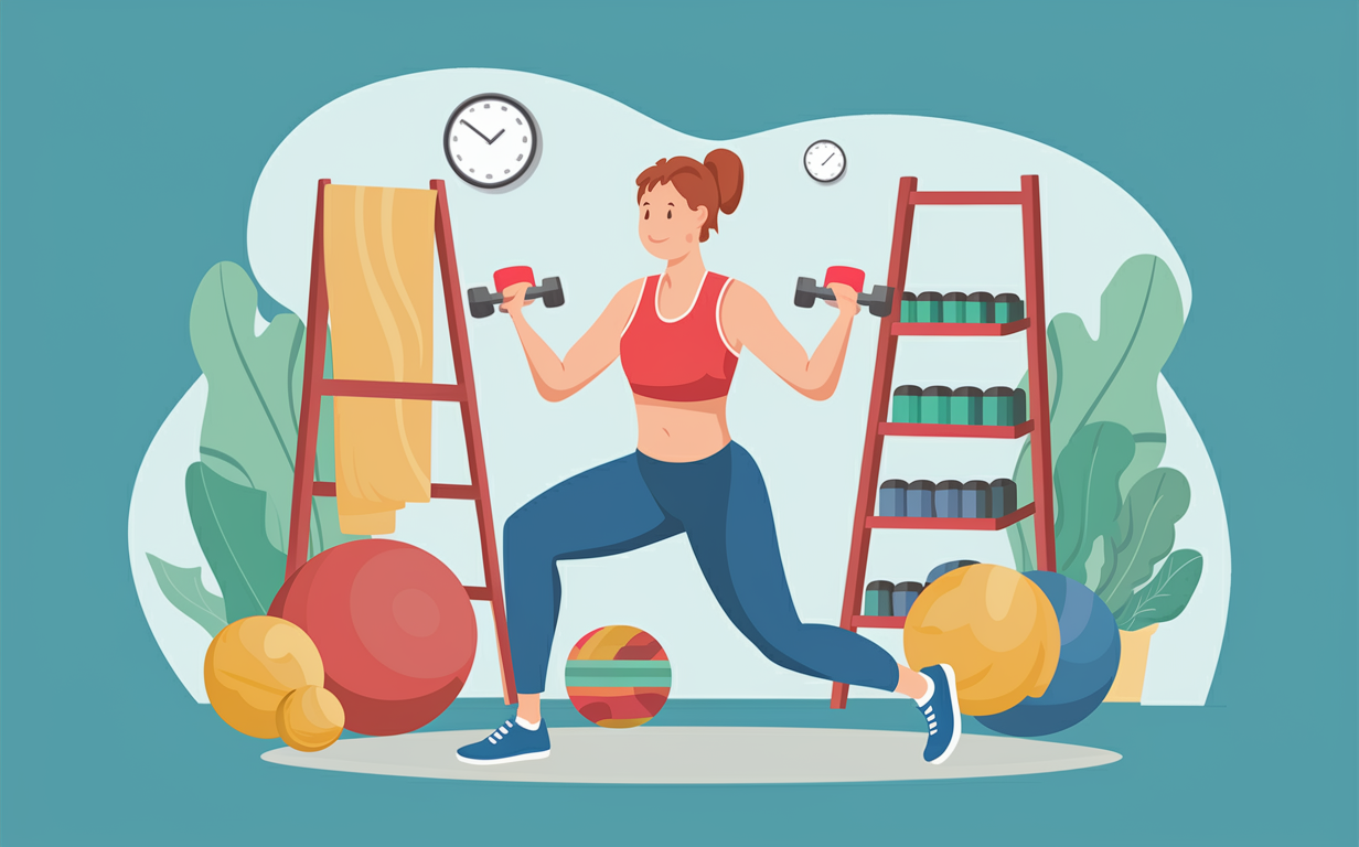 An illustration of a person doing exercise at home with fitness equipment like a ball, weights, and yoga mat, surrounded by motivational decor like artwork and clocks to track progress.