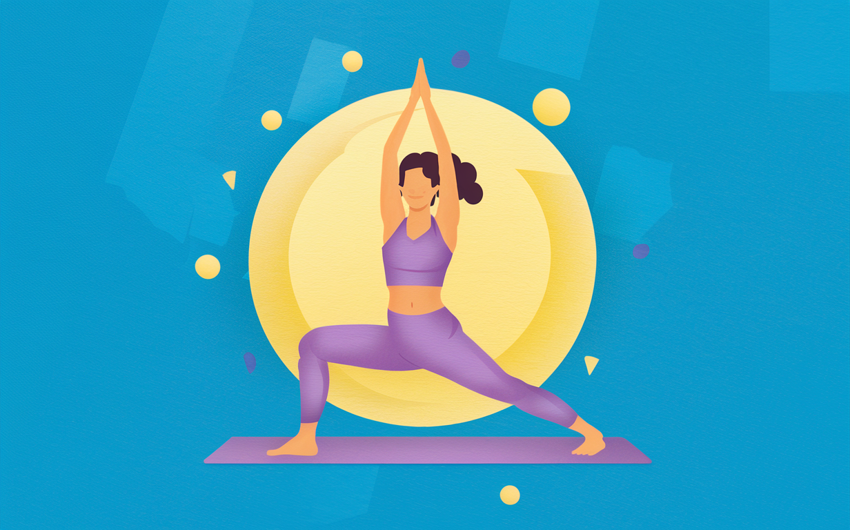 An illustration of a woman doing a yoga pose on a mat, surrounded by plants and clouds, depicting the themes of yoga, fitness, and well-being for women